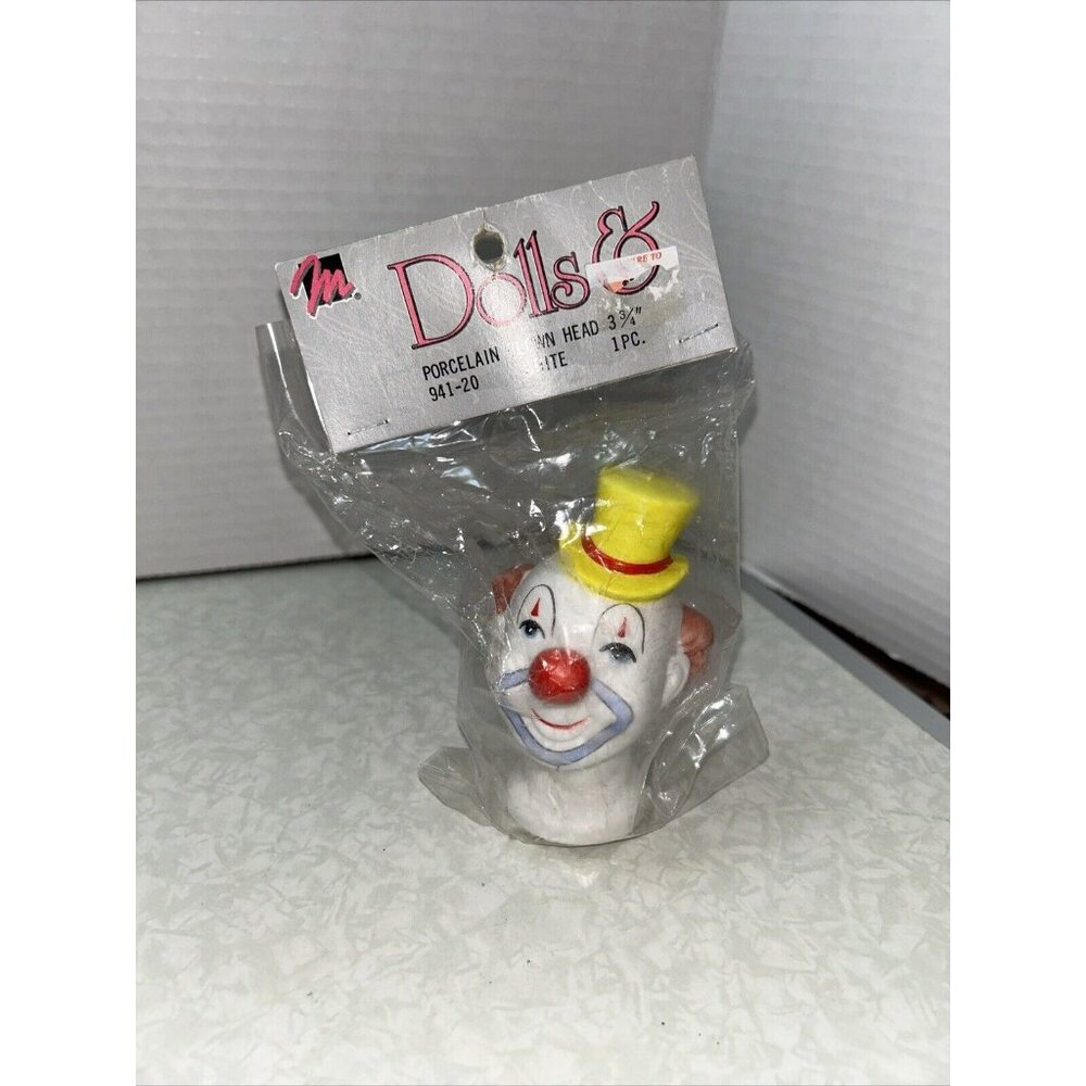 Vtg Mangelsen's Porcelain Clown Head 3.50"  Yellow Hat, Doll Head Assessories